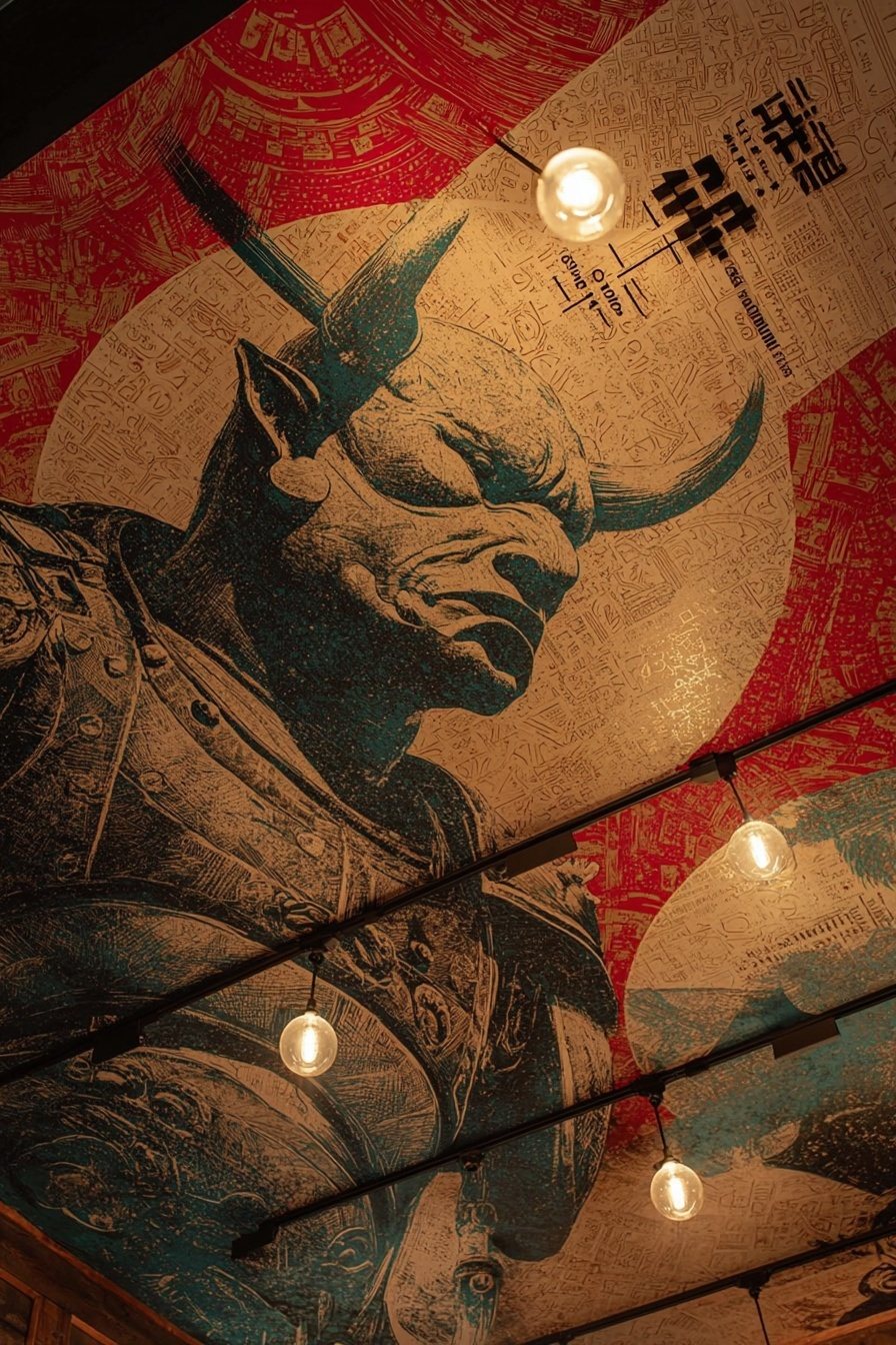 The oni mural - a horned warrior against a red sun