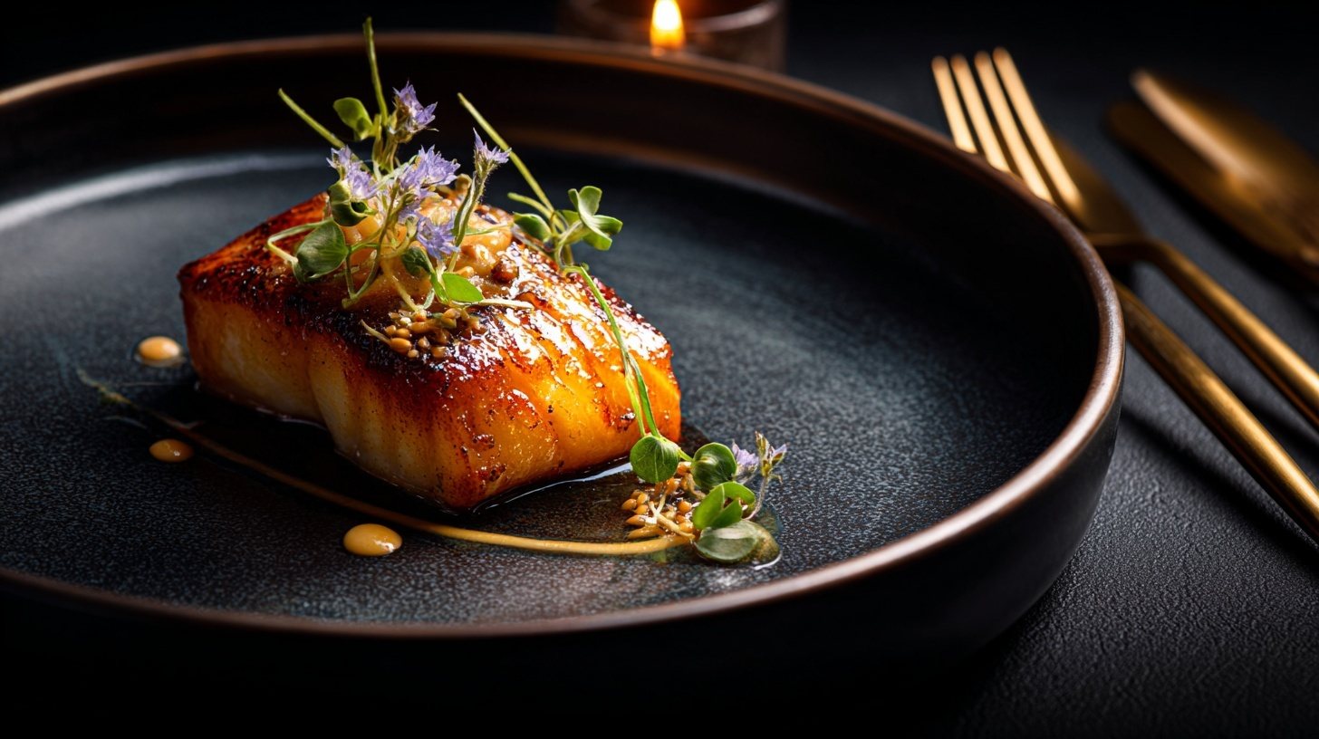 Glazed black cod on a dark plate