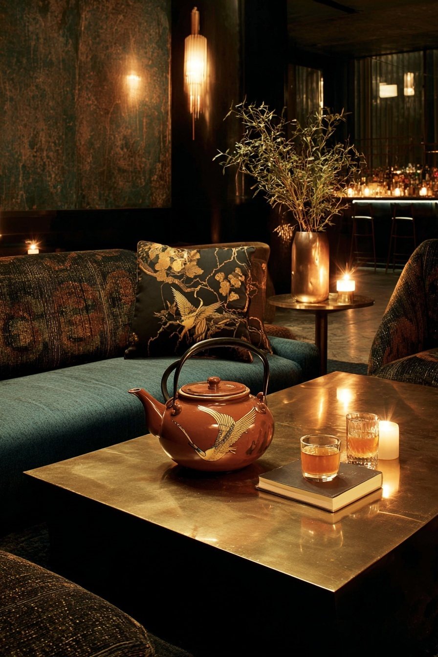 The clay teapot at a candlelit table, mid-pour